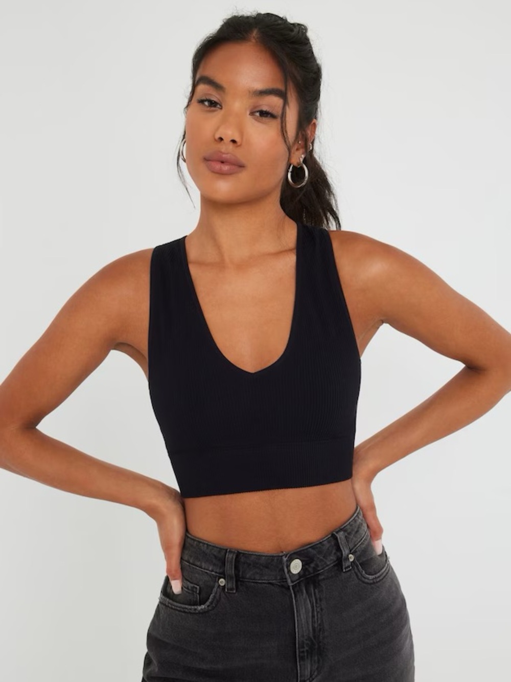Garage Plunge Ribbed V-Neck Black Crop Tank Top